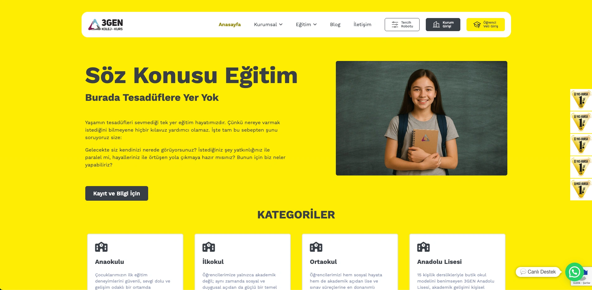 3GEN Eğitim Kurumları sitesinin ana sayfası