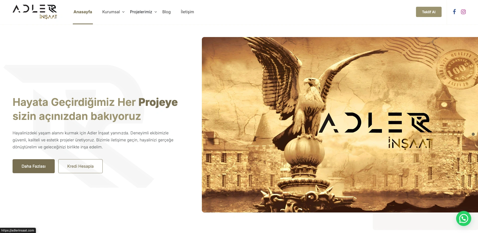 Adler İnşaat sitesinin ana sayfası
