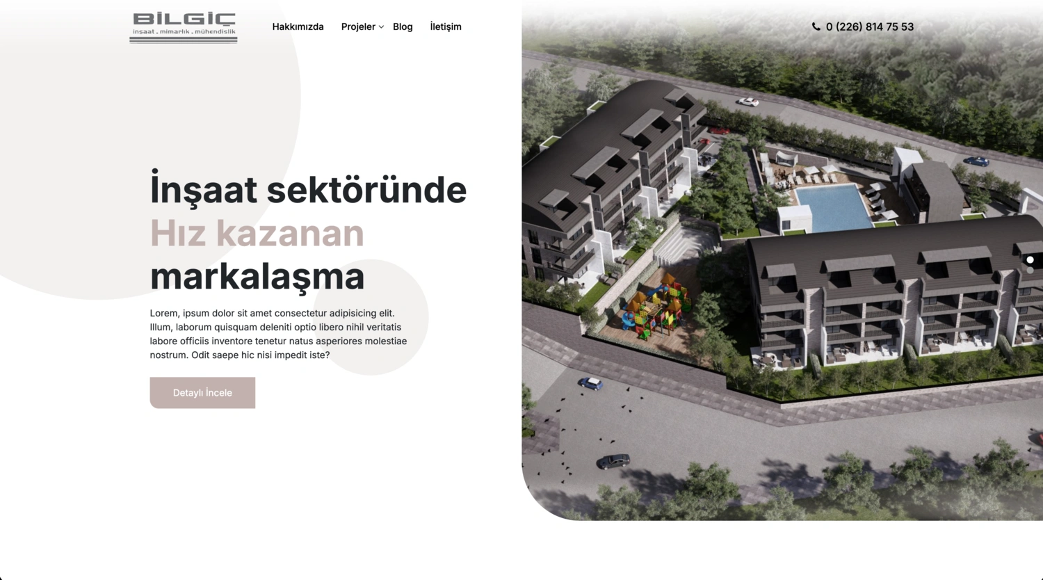 Bilgiç İnşaat sitesinin ana sayfası