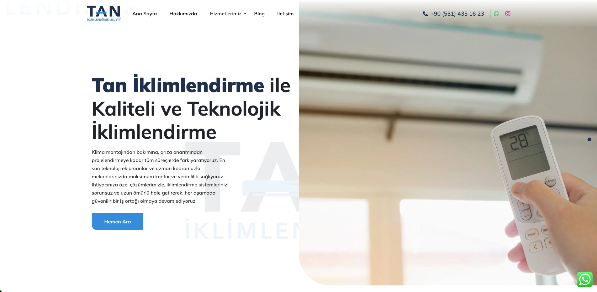 Tan İklimlendirme sitesinin ana sayfası
