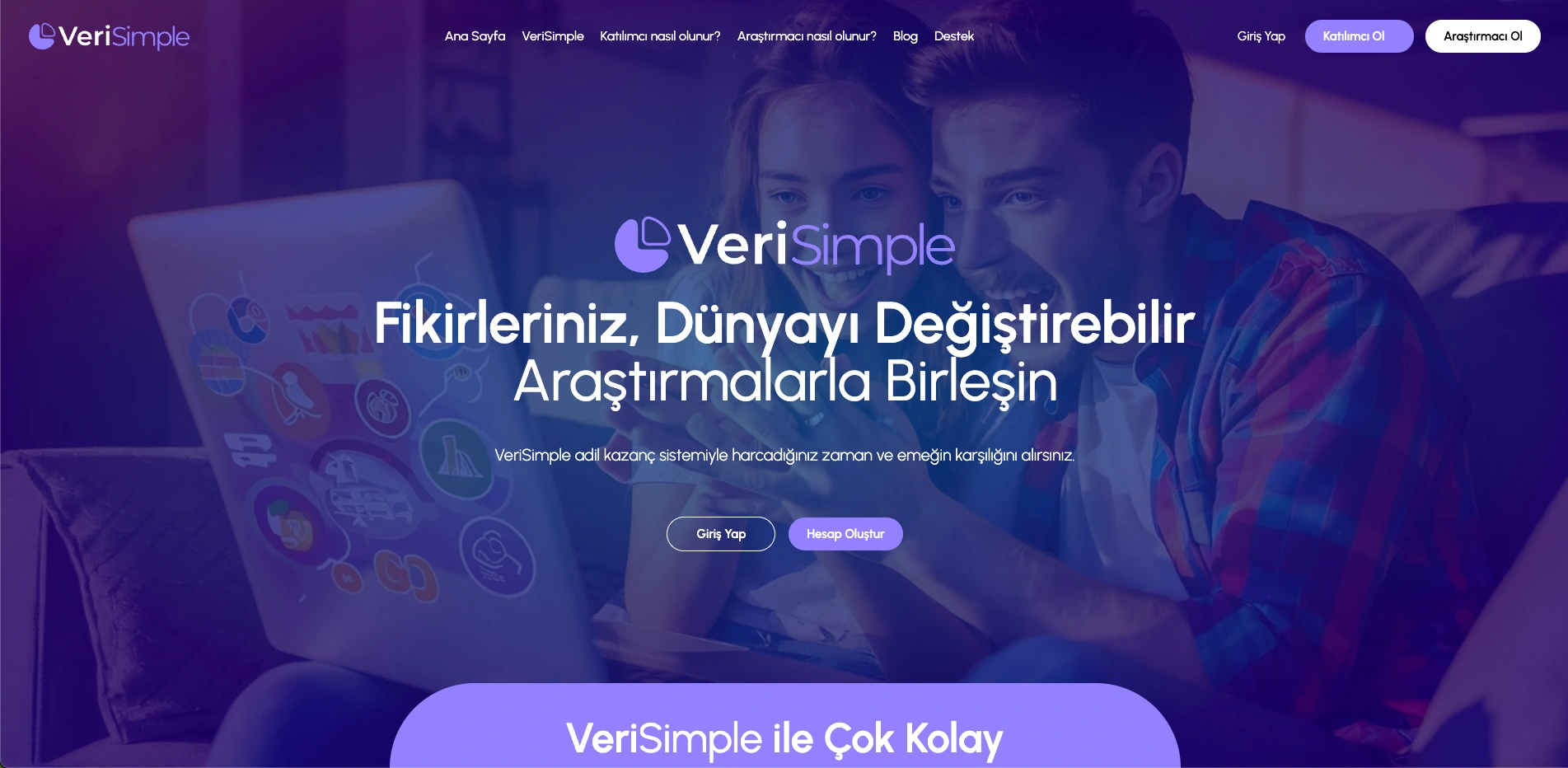 VeriSimple sitesinin ana sayfası
